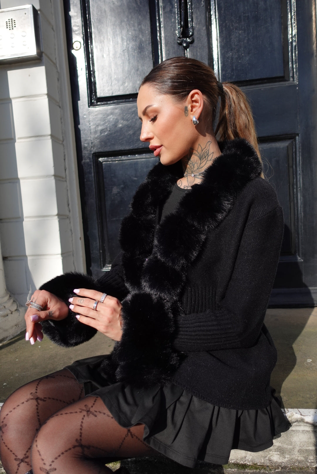 Black Fur Trim Knit