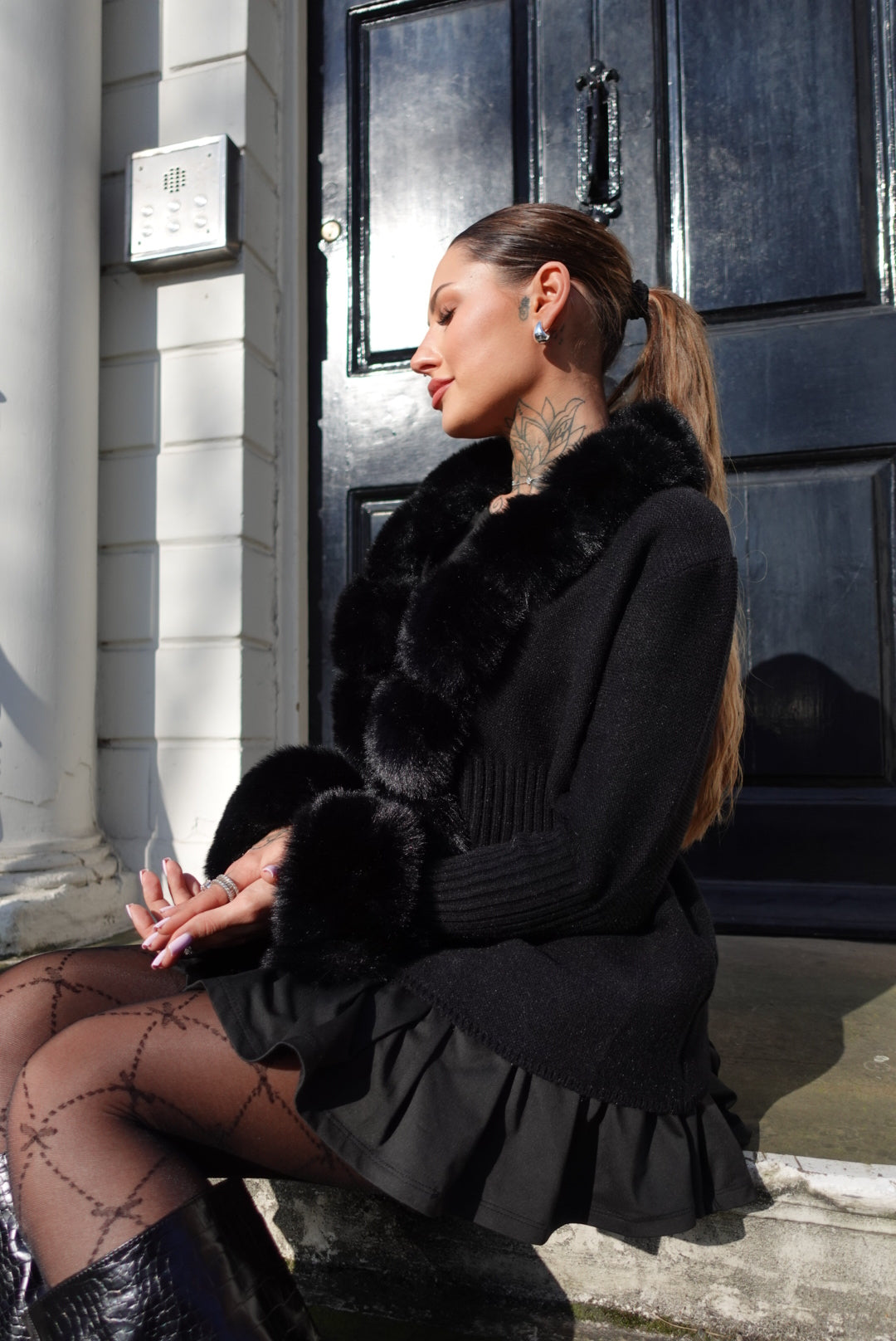 Black Fur Trim Knit