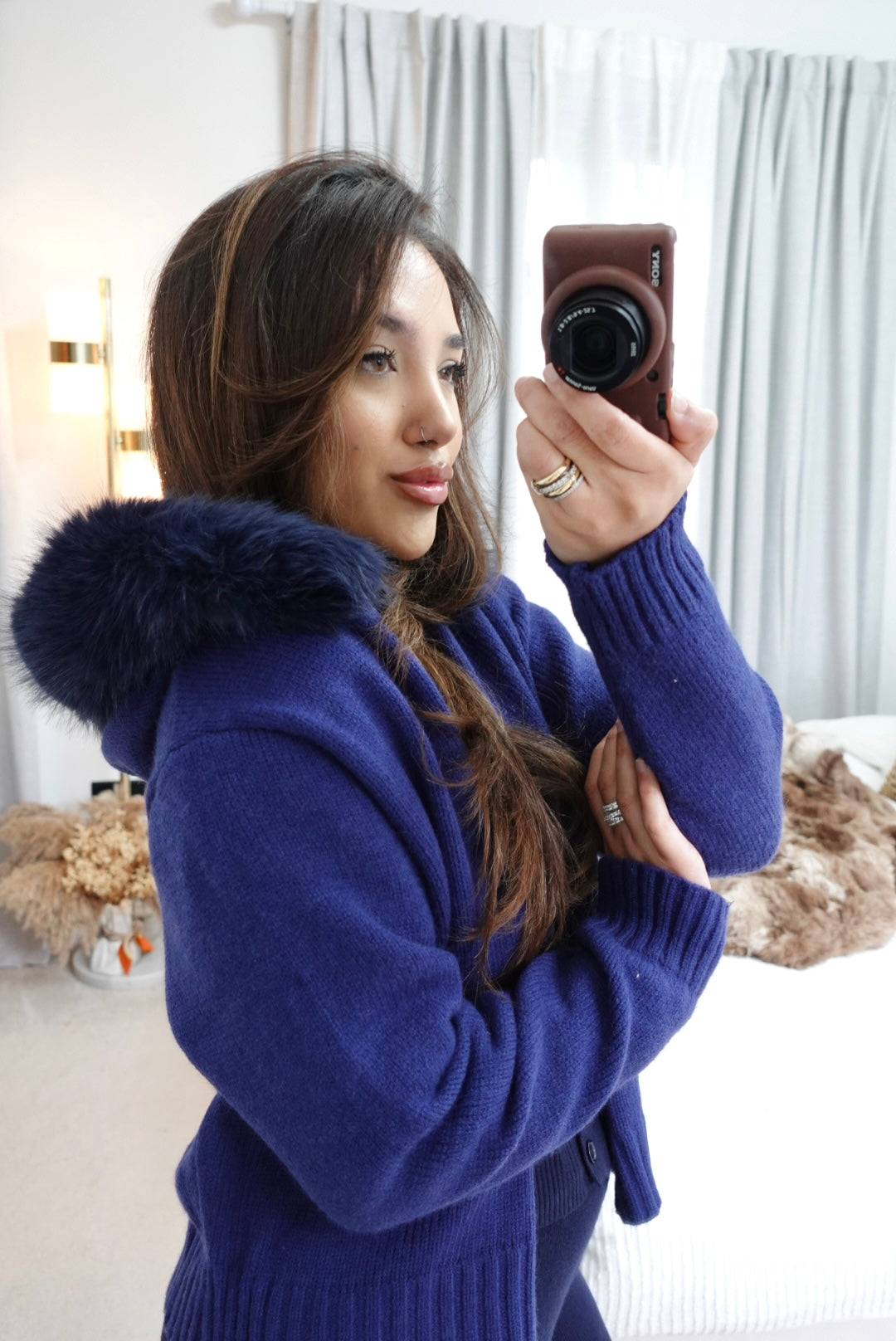 Navy Kensington Fur Hood Cardigan